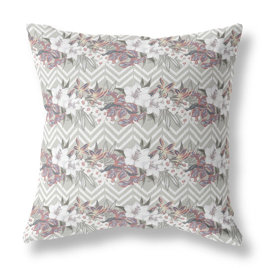 18" X 18" Grey And Pink Blown Seam Floral Indoor Outdoor Throw Pillow
