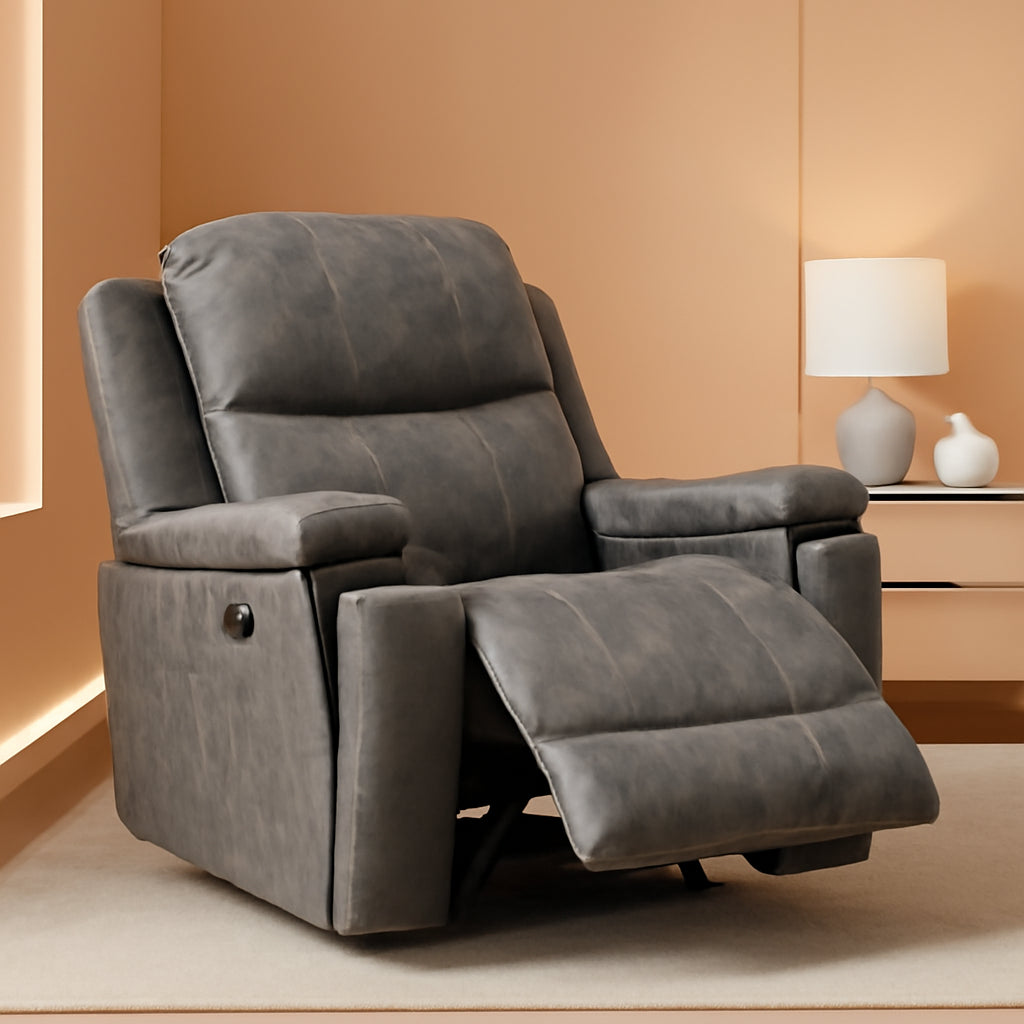Grey Leather Recliner Chair With Cup Holders Living Room