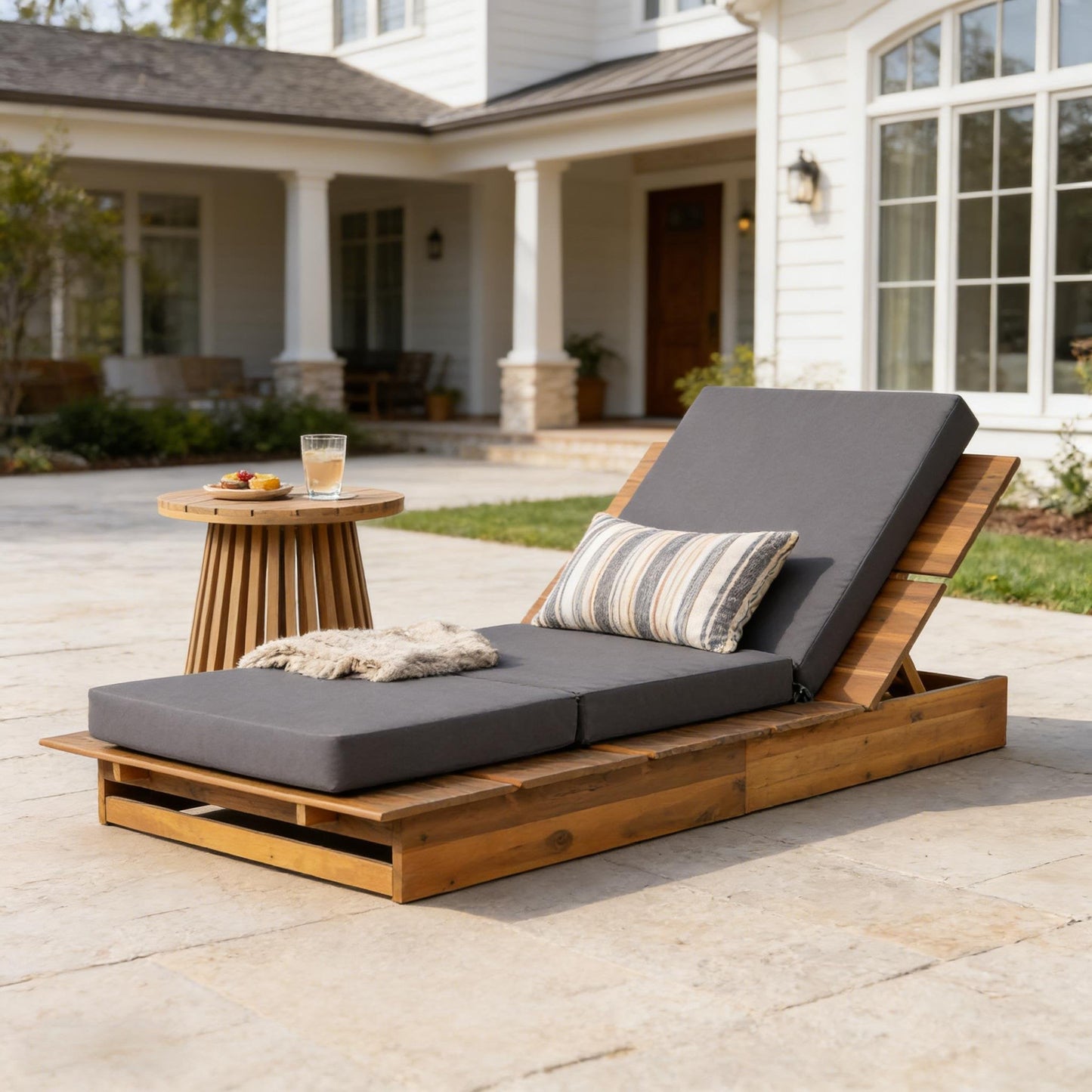 Acacia Wood Chaise Lounge with 4" Thick Cushion