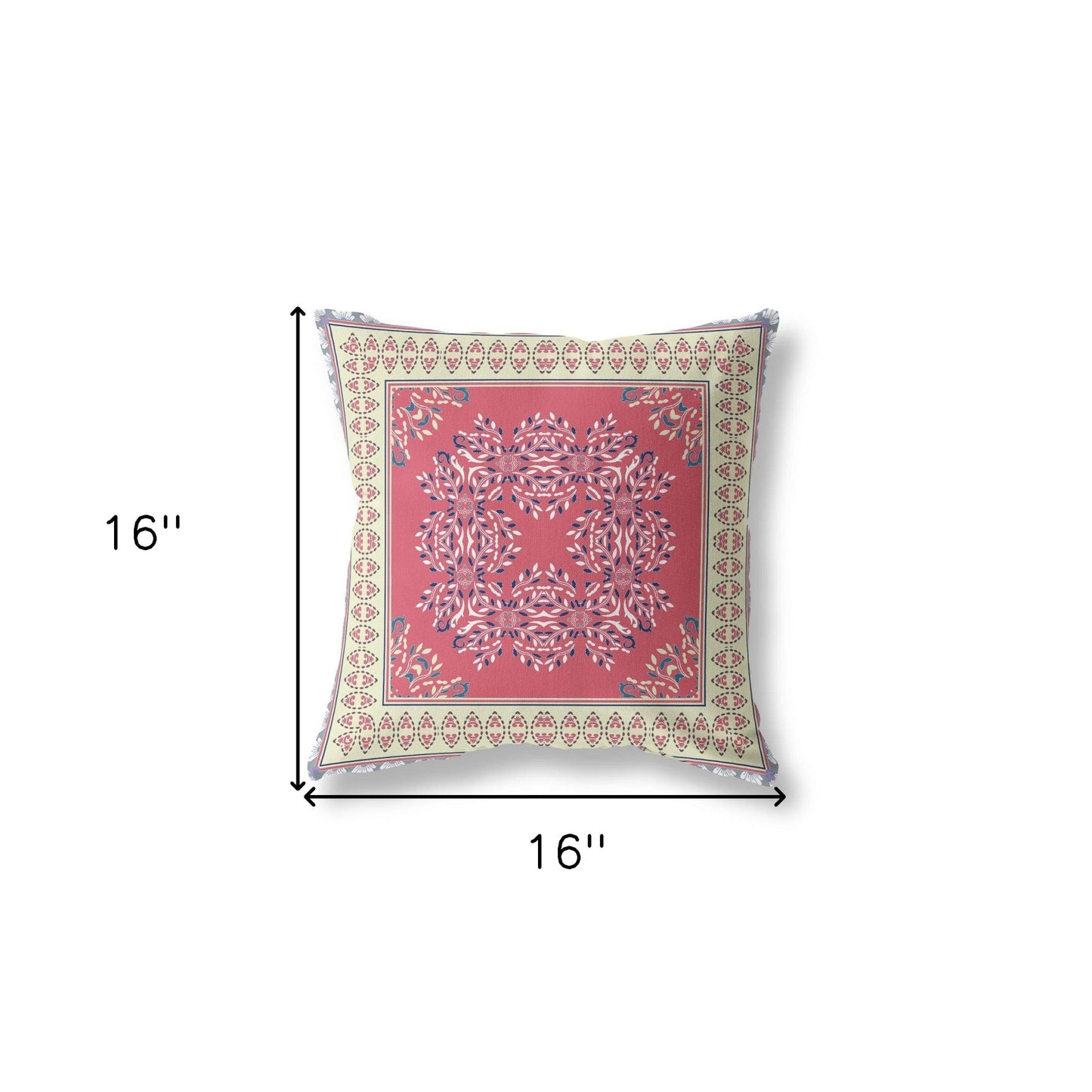 16" X 16" Red And Cream Blown Seam Floral Indoor Outdoor Throw Pillow