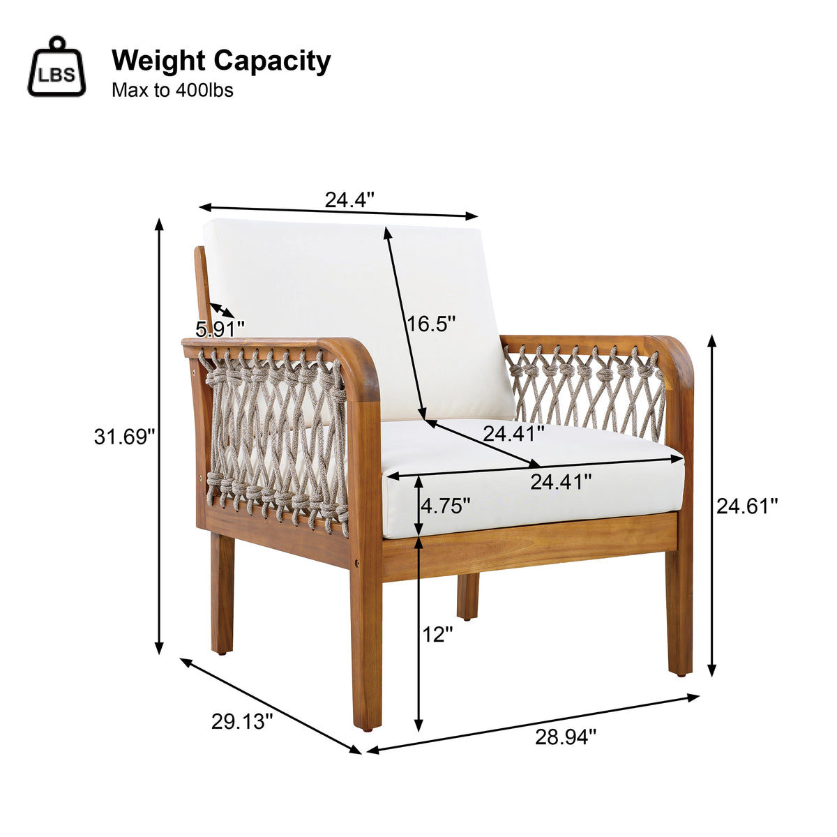 Outdoor Acacia Wood Club Chair with Handwoven Rope