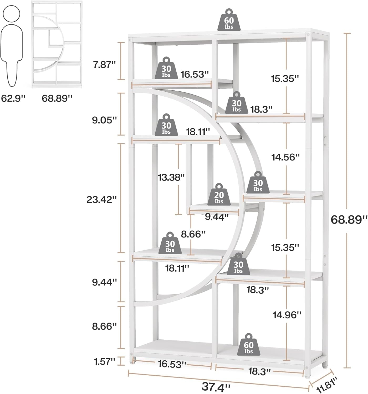 White 5 Tier Etagere Bookshelf Open Shelves Display