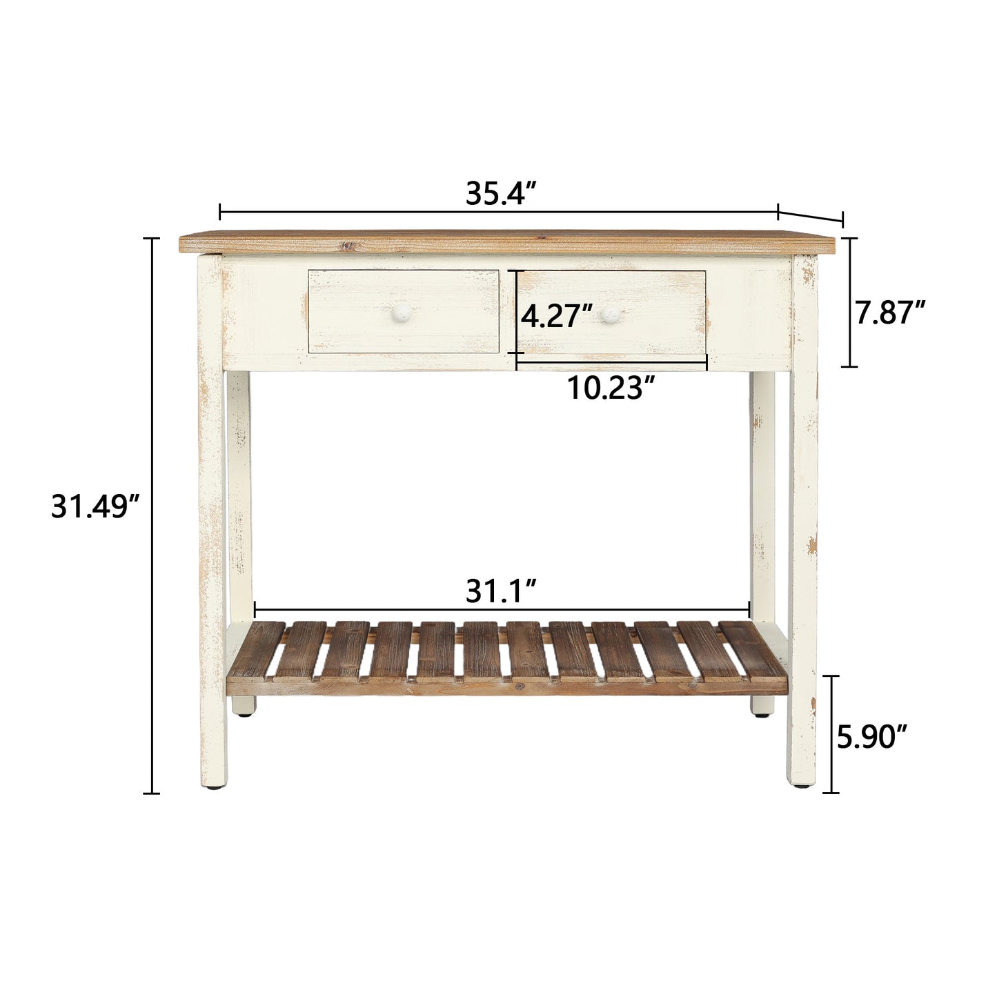 Vintage Two - Drawer Console Table with Open Shelf, Distressed Finish for Entryway & Living Room
