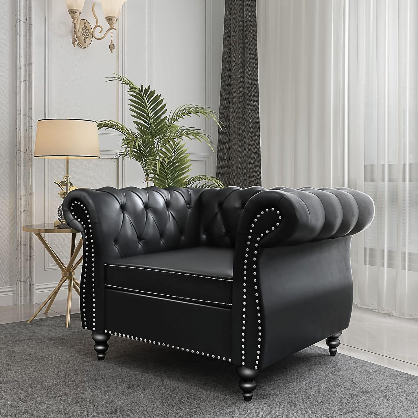 Two Piece Chesterfield Leather Living Room Set With Black Leather Loveseat And Chair