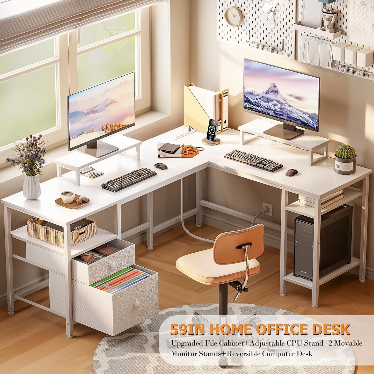 White Fifty Nine Inch L Shaped Desk With Power Outlets