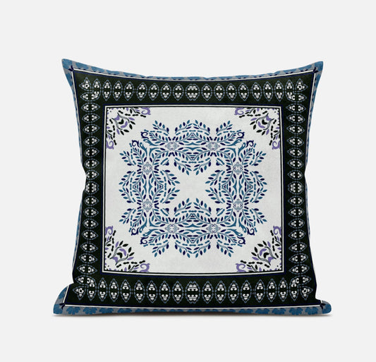 16" X 16" Black And Blue Blown Seam Geometric Indoor Outdoor Throw Pillow