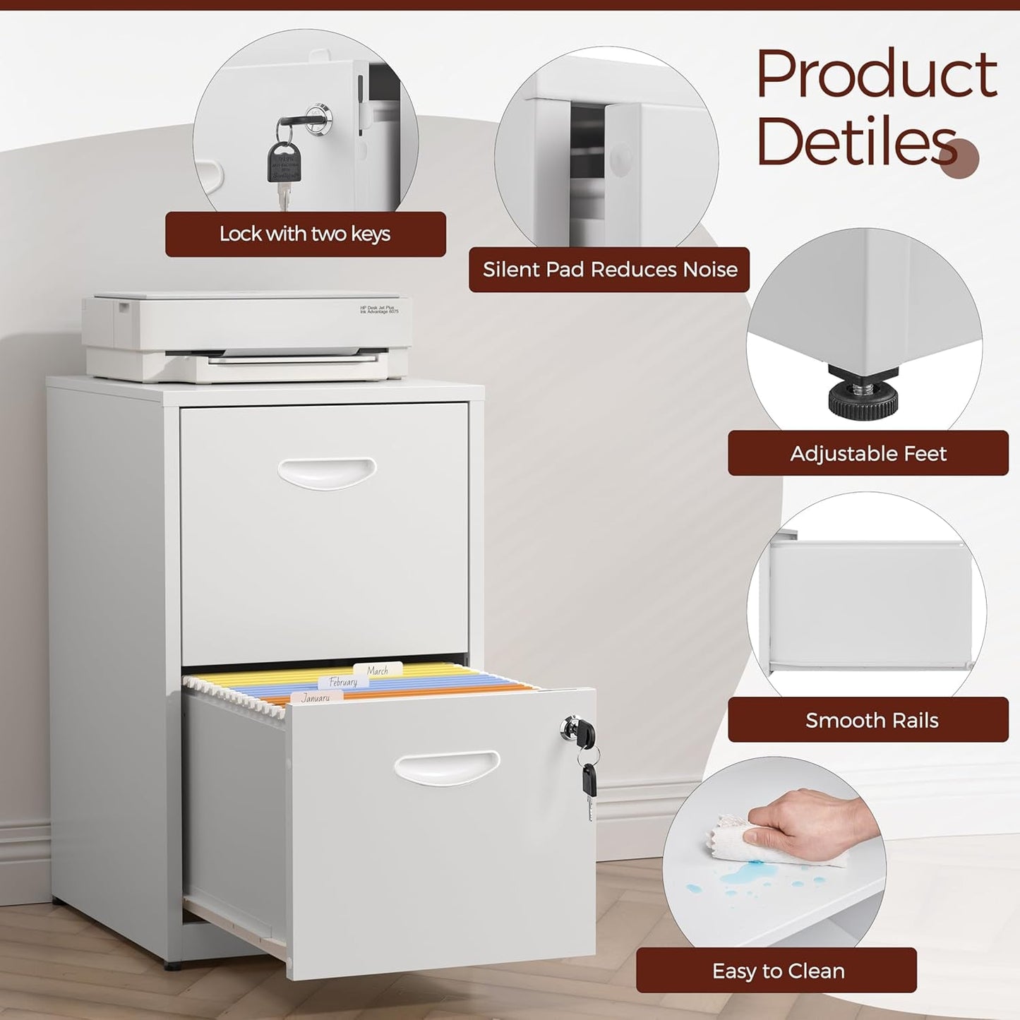 White Metal Two Drawer Locking File Cabinet For Hanging Files Fits Letter And A4