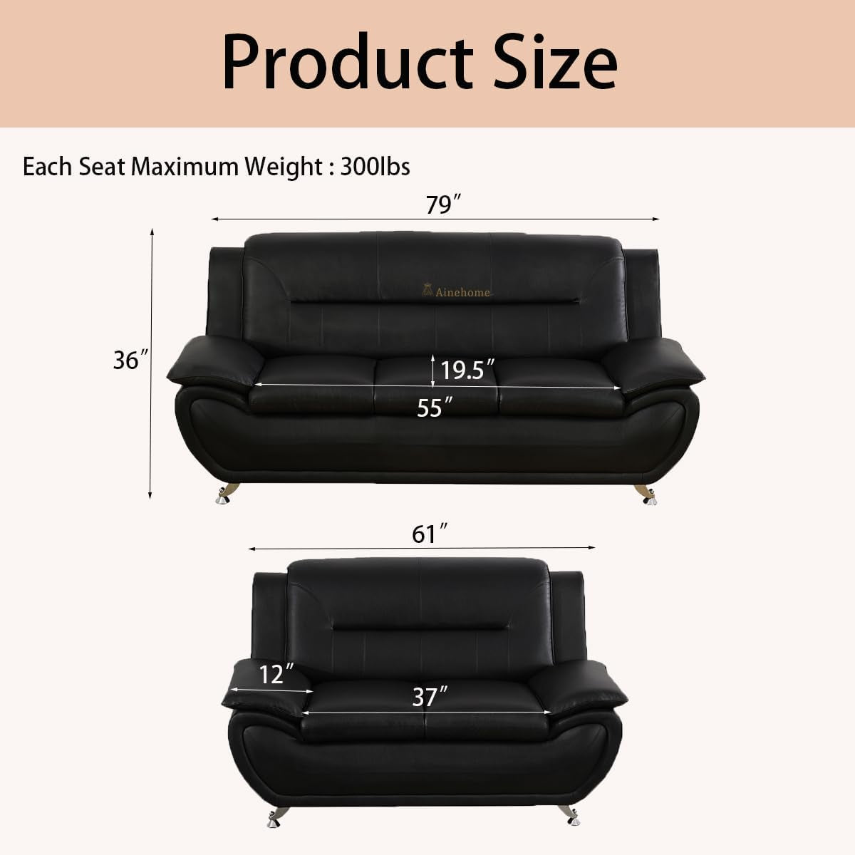 Black 5 Seat Faux Leather Sectional Sofa Set For Living Room