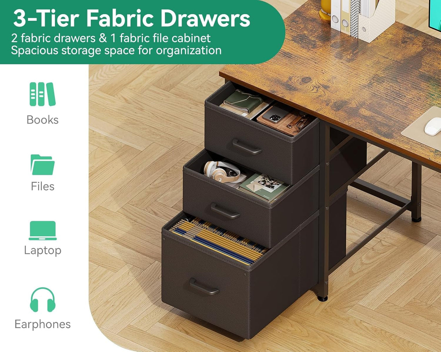 51 Inch Computer Desk With USB Outlets And Fabric Drawers