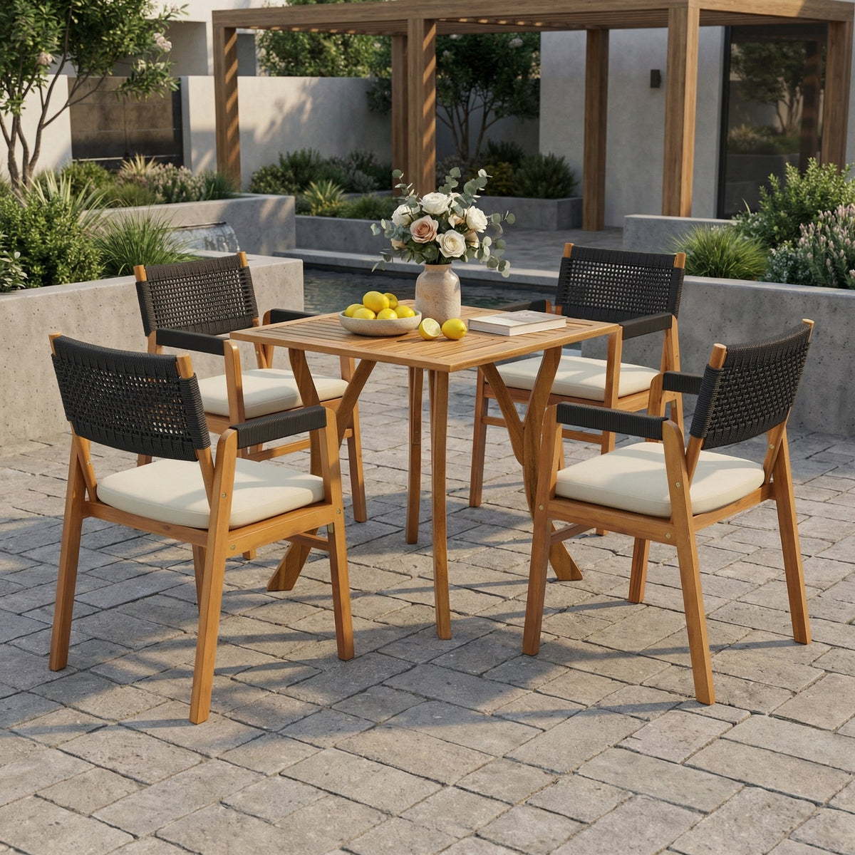Outdoor 5 Pieces Rustic Patio Acacia Bistro Set with Cushions