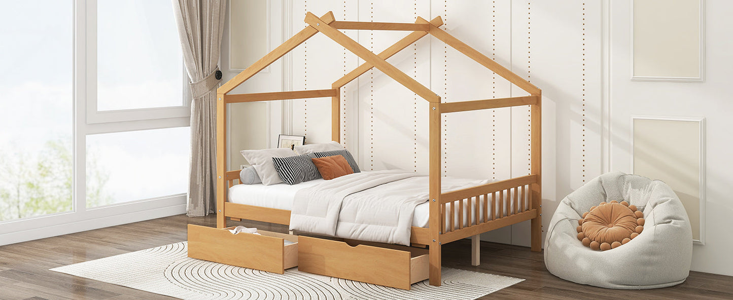 Full Size House Platform Bed with Two Drawers, Headboard and Footboard, Roof Design