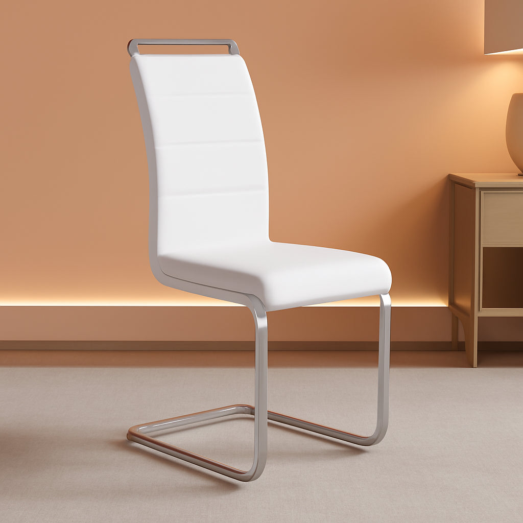White PU Leather Dining Chair Set High Back Upholstered