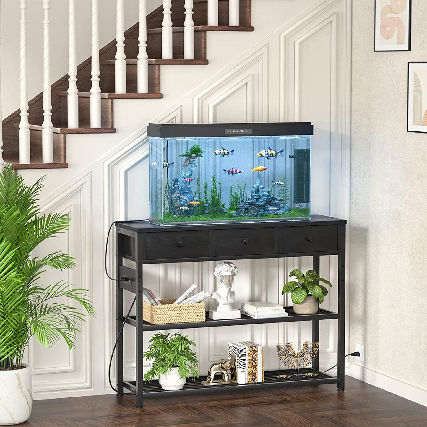 Black Console Table With USB Ports And Outlets For Living Room