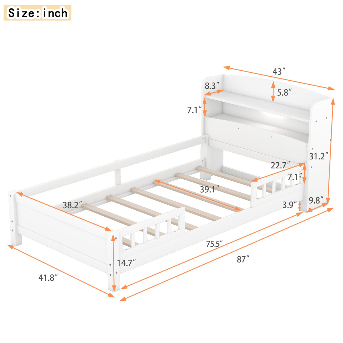 Wood Twin Size Platform Bed with Built-in LED Light, Storage Headboard and Guardrail