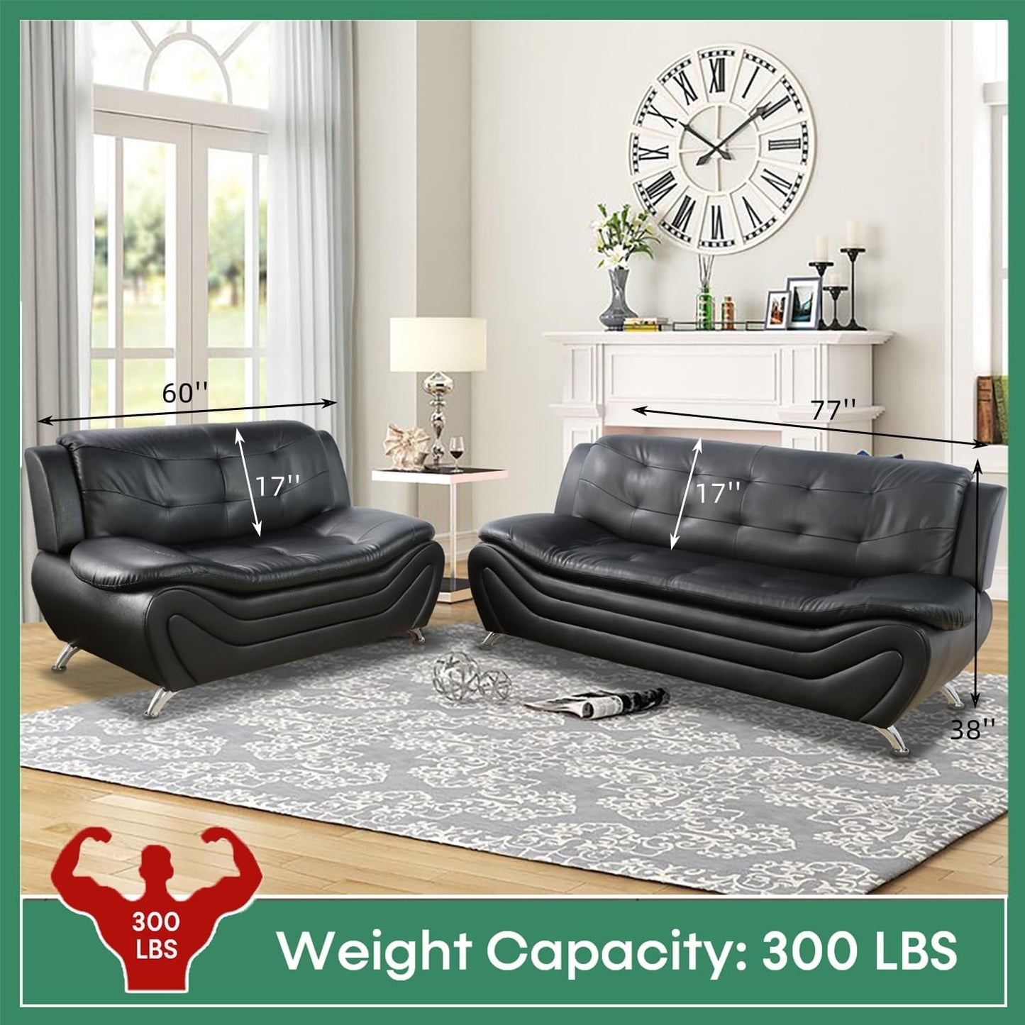 Leather Sofa Set 3 Piece With Loveseat And Armchair For Living Room Black