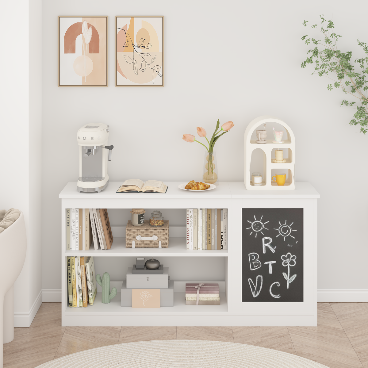 3-in-1 Kids Bookshelf and Toy Storage Cabinet with Chalkboard