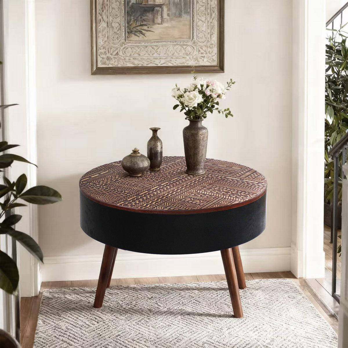 31.5" Round Carved Coffee Table with Storage Space