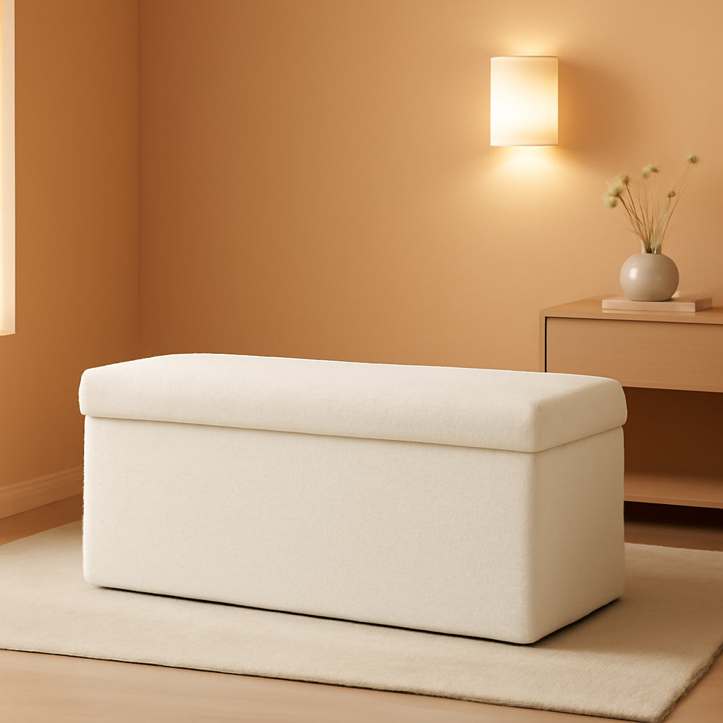 Cream White Faux Fur Storage Ottoman 43.3 Inch Dimensions