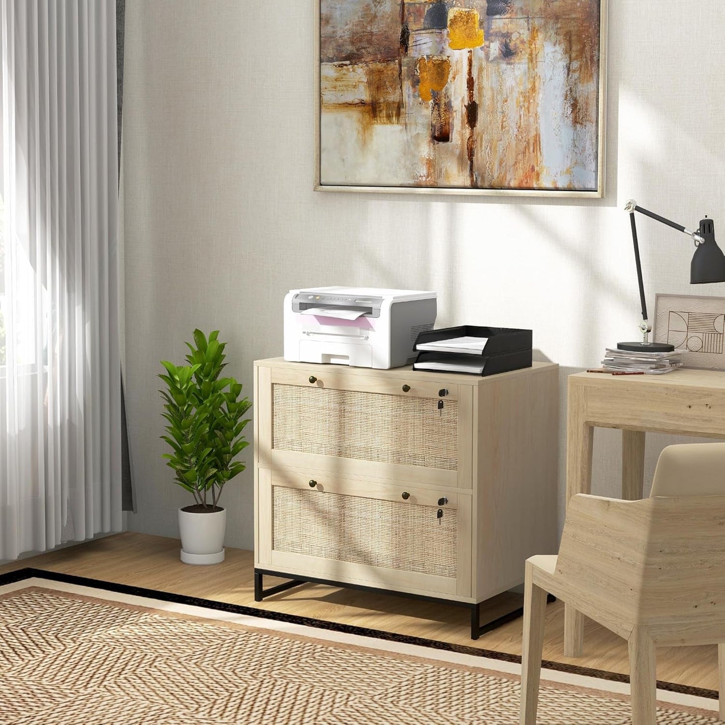 Two Drawer Rattan File Cabinet With Lock, Printer Stand And Adjustable Bars For Letter A4 Legal Files Natural Finish