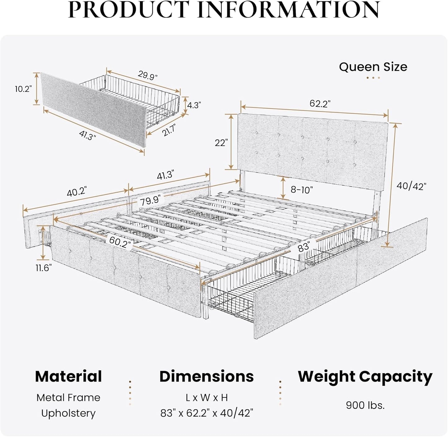 Upholstered Queen Platform Bed Frame With 4 Storage Drawers