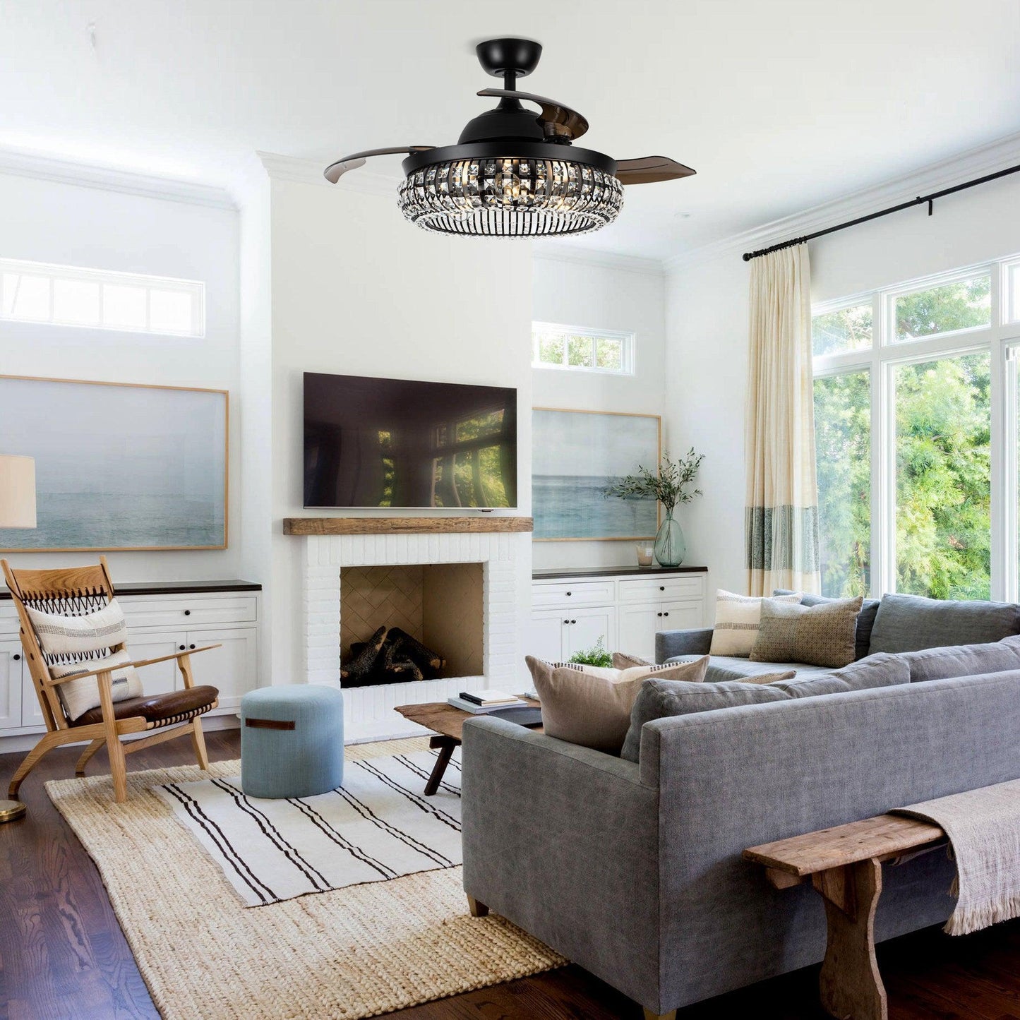 42" Modern Downrod Mount Crystal Ceiling Fan with Lighting and Remote Control