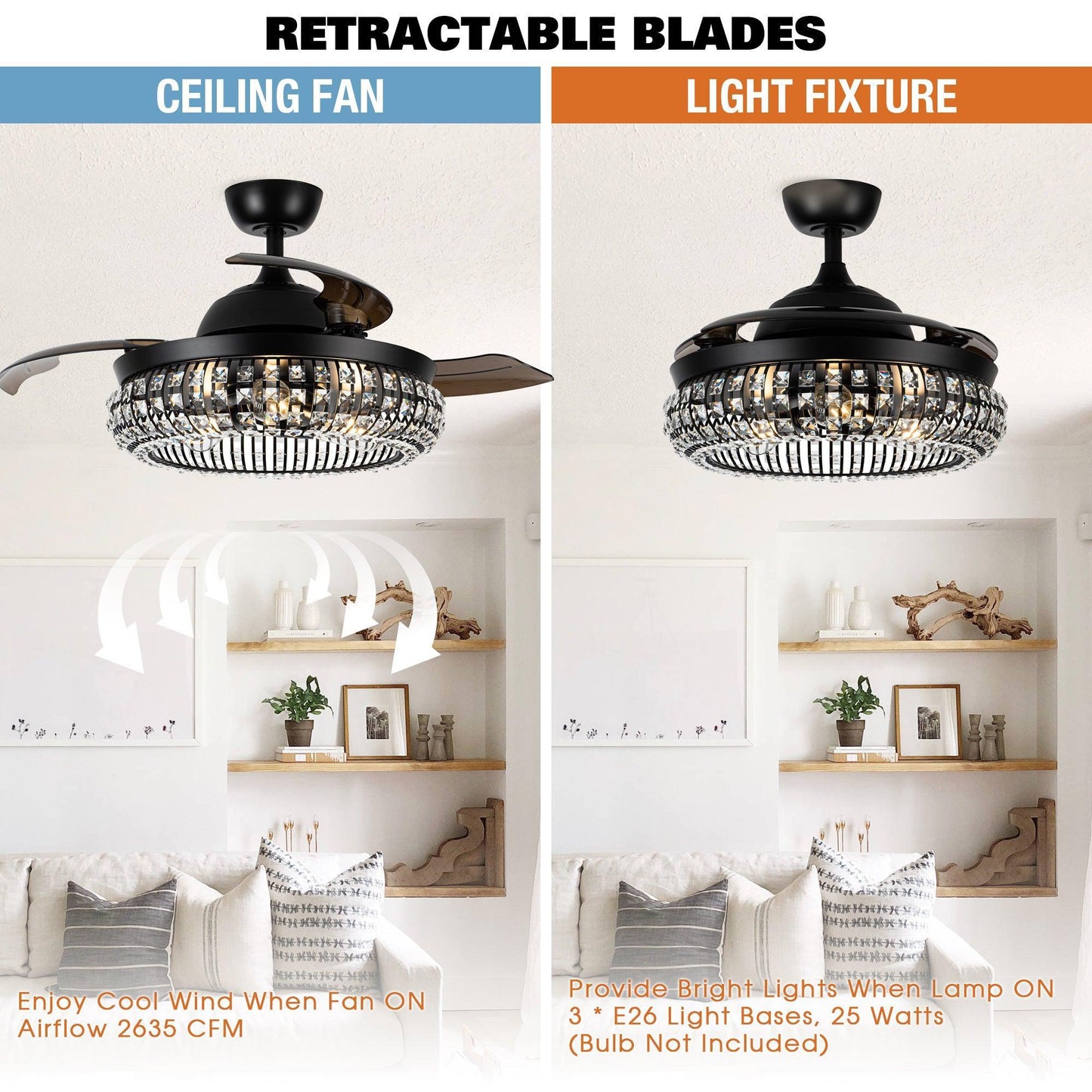 42" Modern Downrod Mount Crystal Ceiling Fan with Lighting and Remote Control