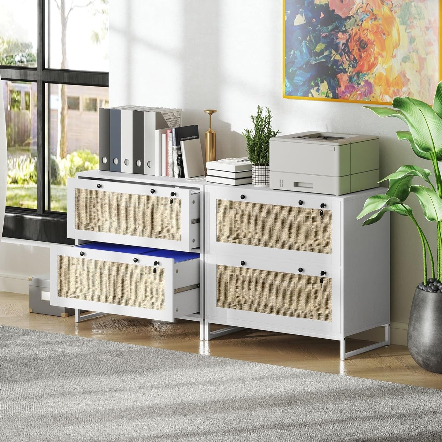 White Rattan 2 Drawer Locking Lateral File Cabinet