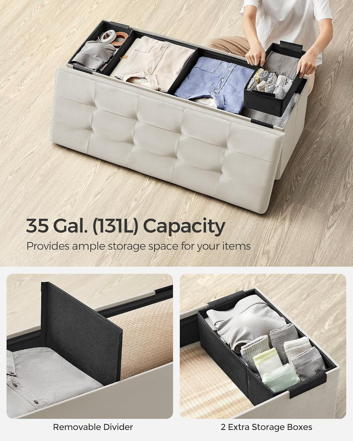 Cream White Storage Ottoman Bench Foldable 15x43x15