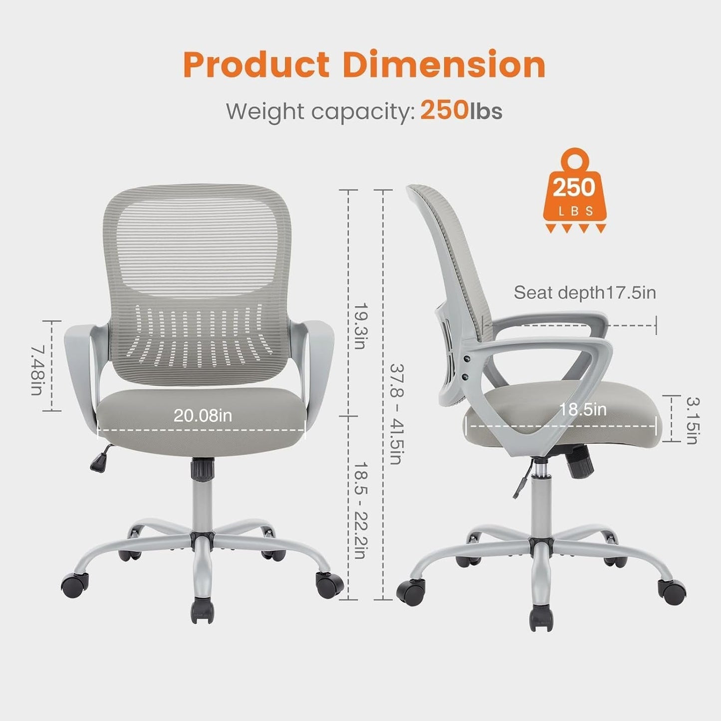 Ergonomic Mesh Office Chair With Lumbar Support And Rolling Wheels Grey