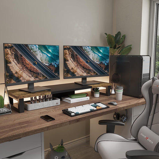Dual Monitor Stand Riser Wood And Steel For Two Monitors