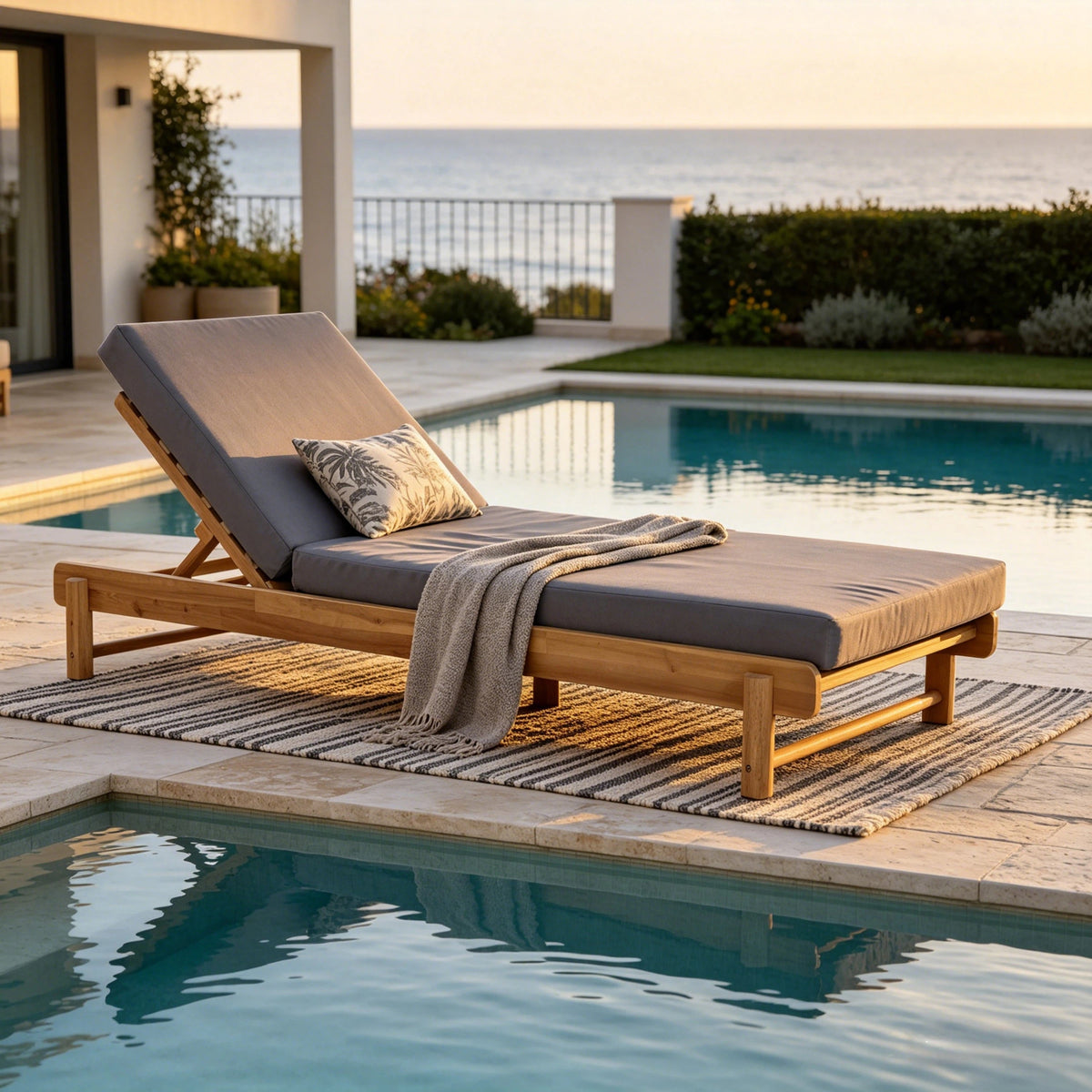 Light Teak Acacia Wood Chaise Lounge Set: 1 Frame + 1 Dark