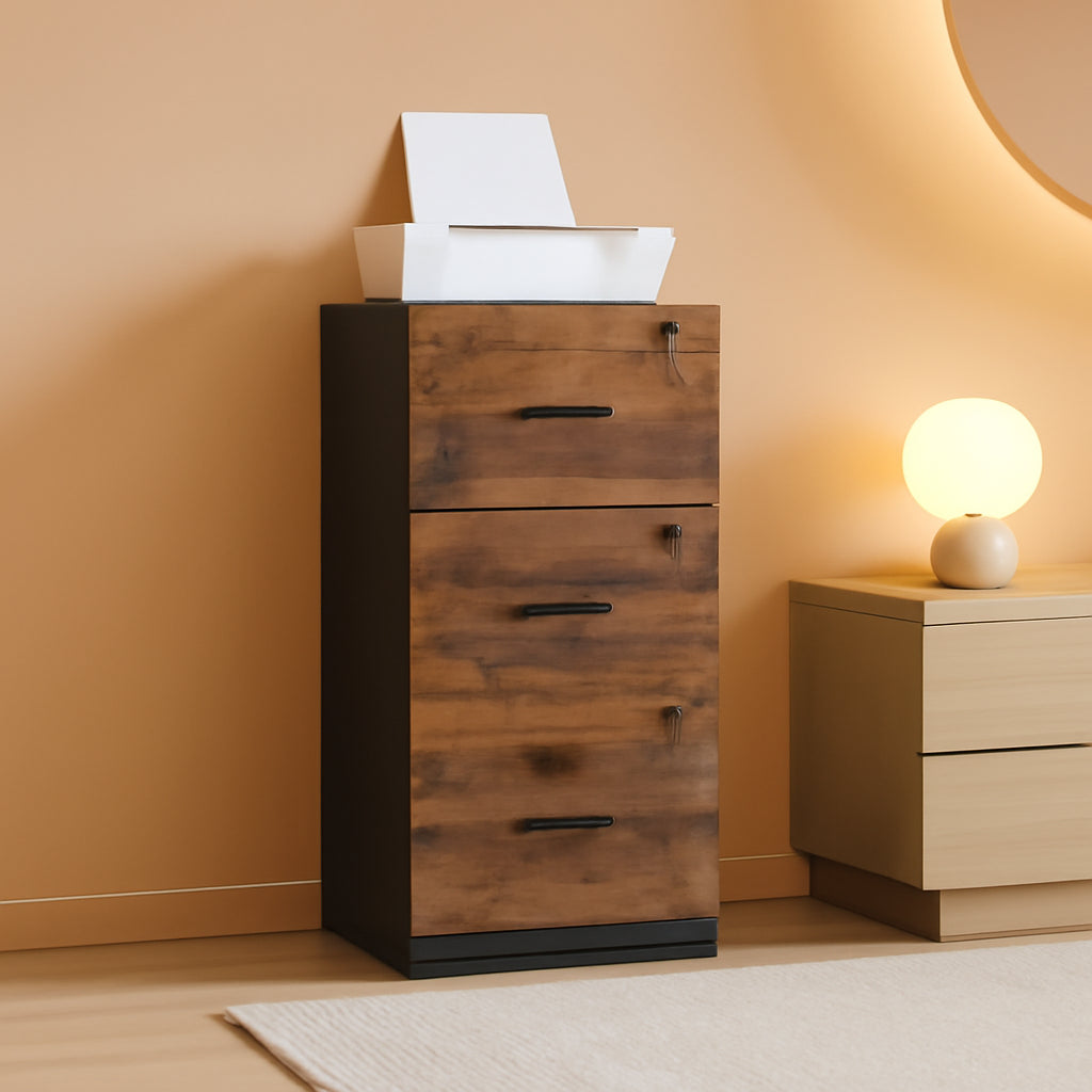 Brown Filing Cabinet With Lock And Printer Stand For Office
