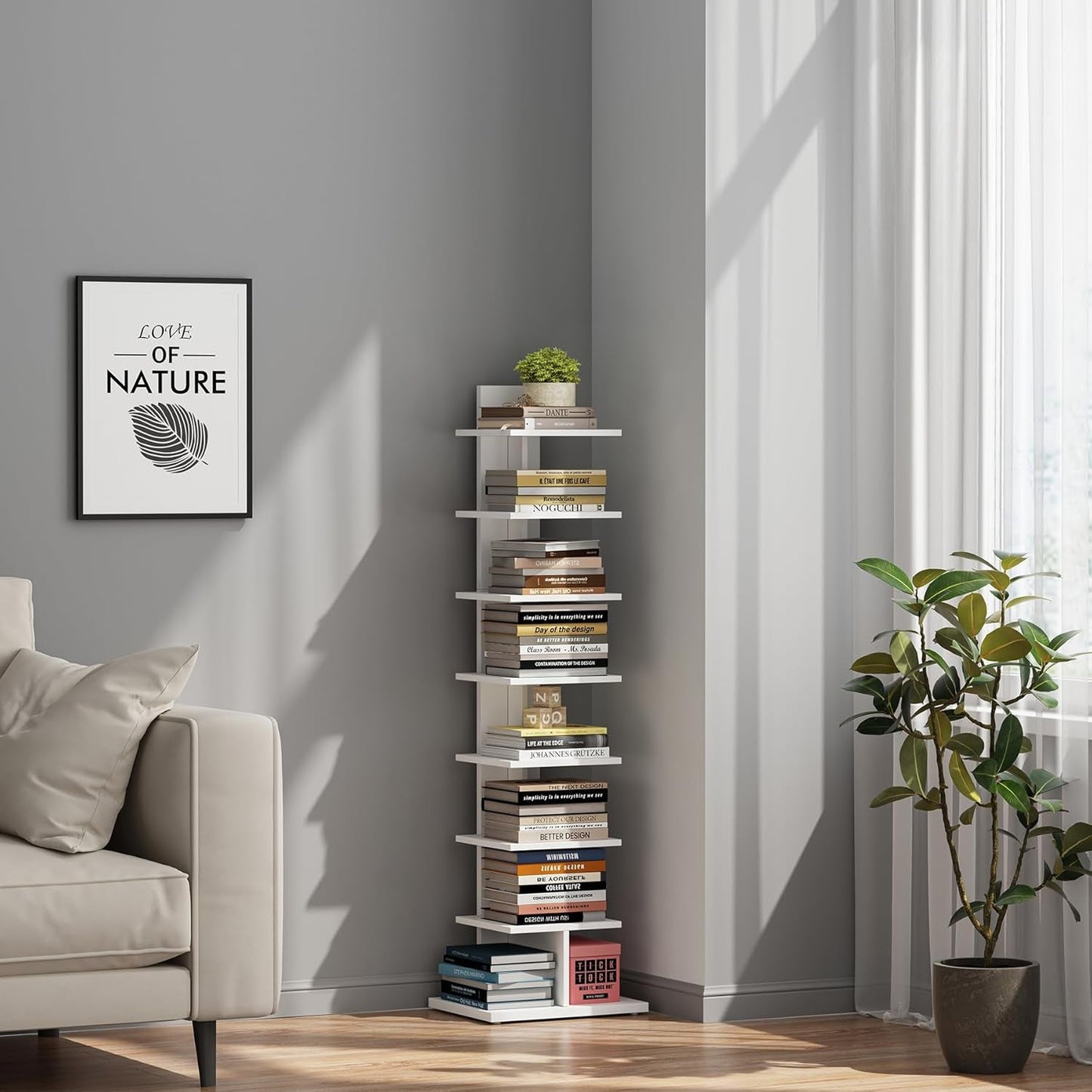 Vertical Bookshelf 8 Tier White Bookcase Living Room