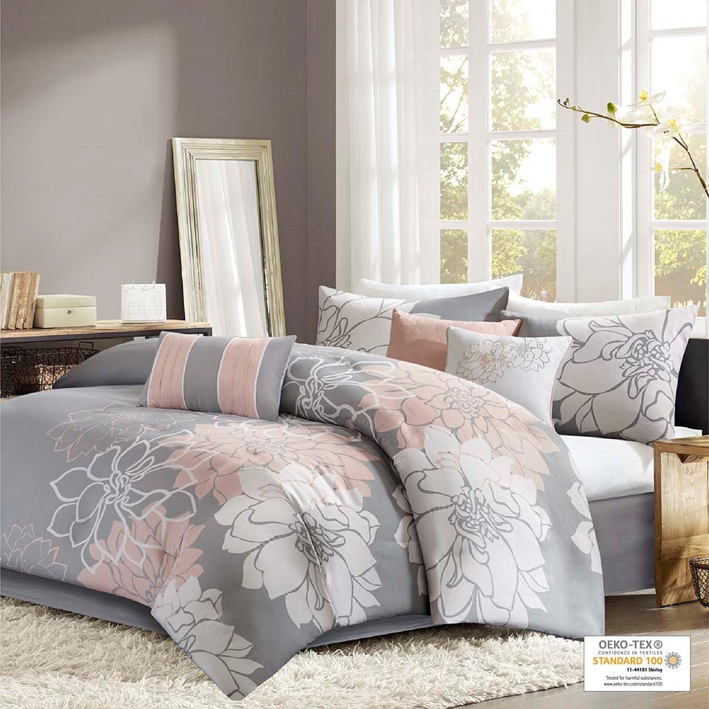 Printed Cotton Sateen Comforter Set Grey/Peach Twin/Twin XL