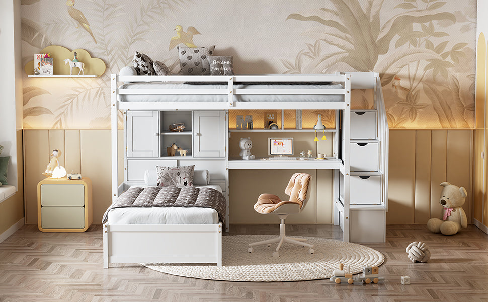 Twin Over Twin Loft Bed with Built-in Desk and Staircase