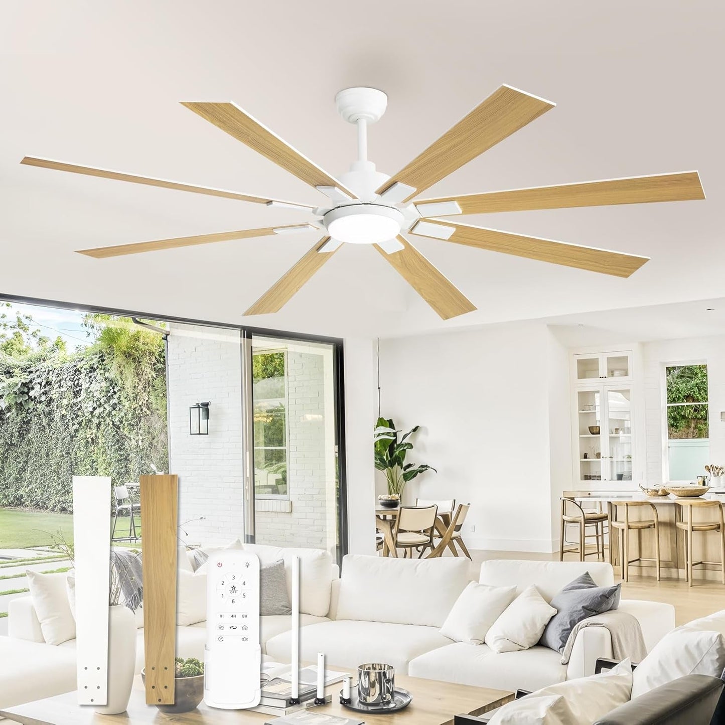 72 Inch White Ceiling Fan With Lights And Remote DC Motor in a modern living room setting with natural light.