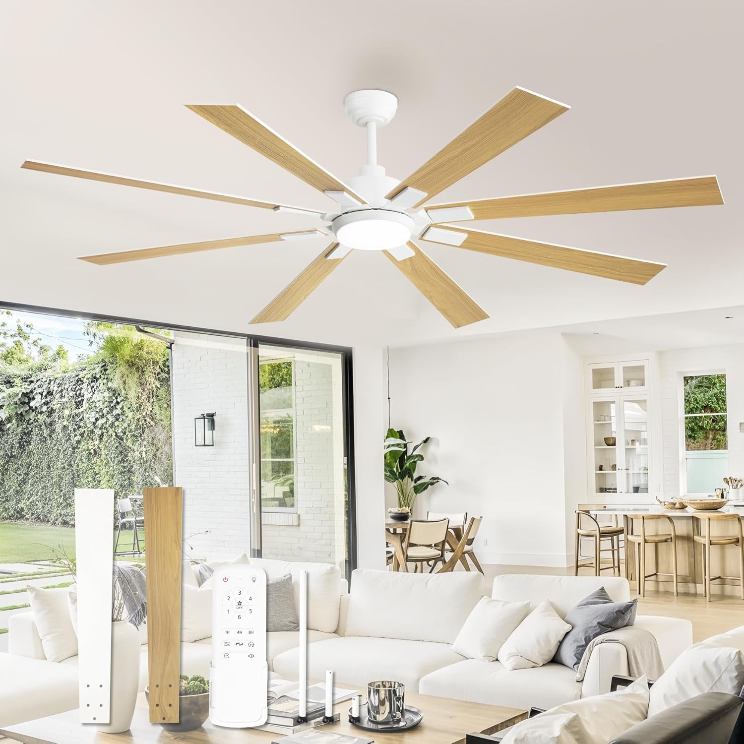 72 Inch White Ceiling Fan With Lights And Remote DC Motor in a modern living room setting with natural light.