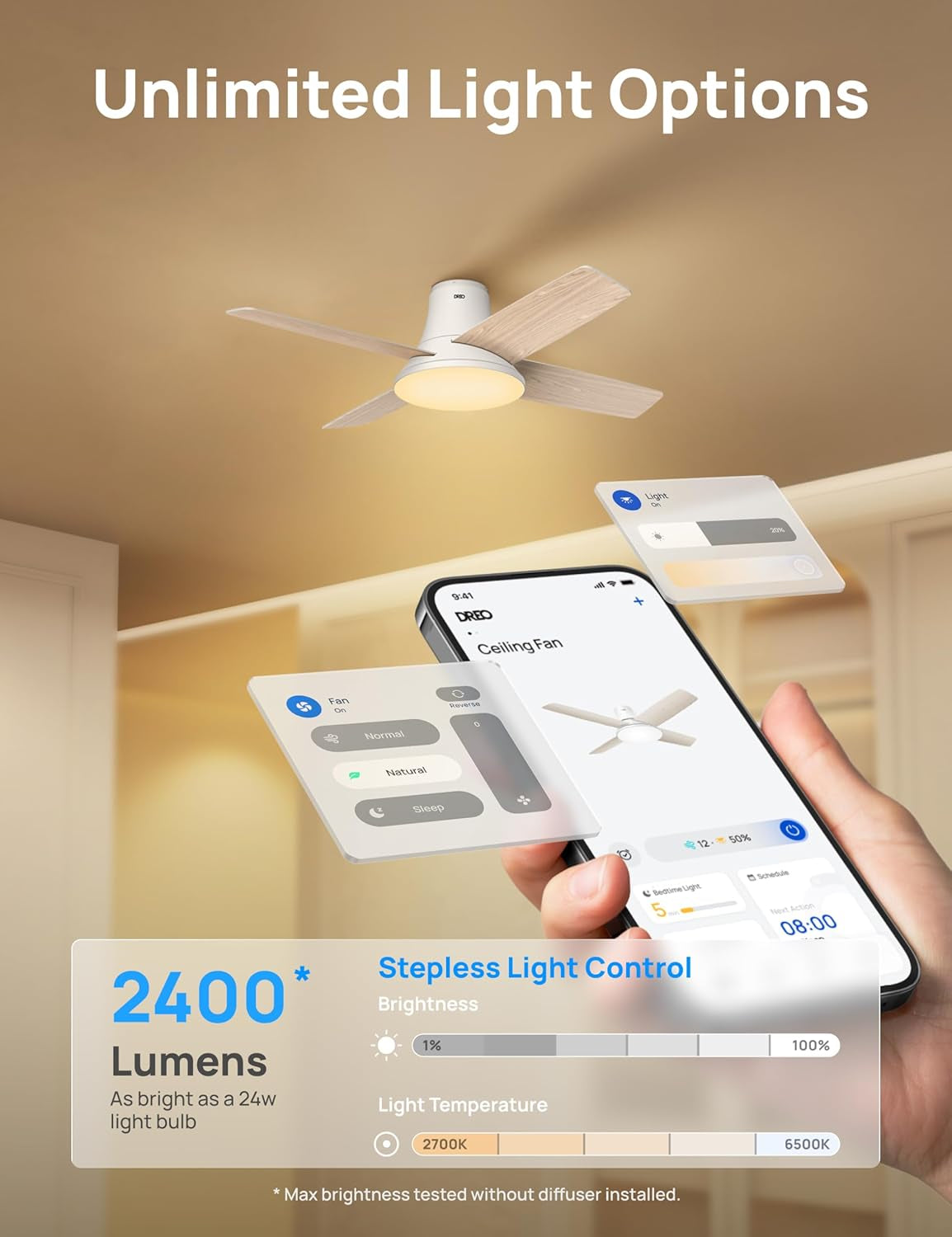 44 Inch White Smart Ceiling Fan With Dimmable LED Light And Remote