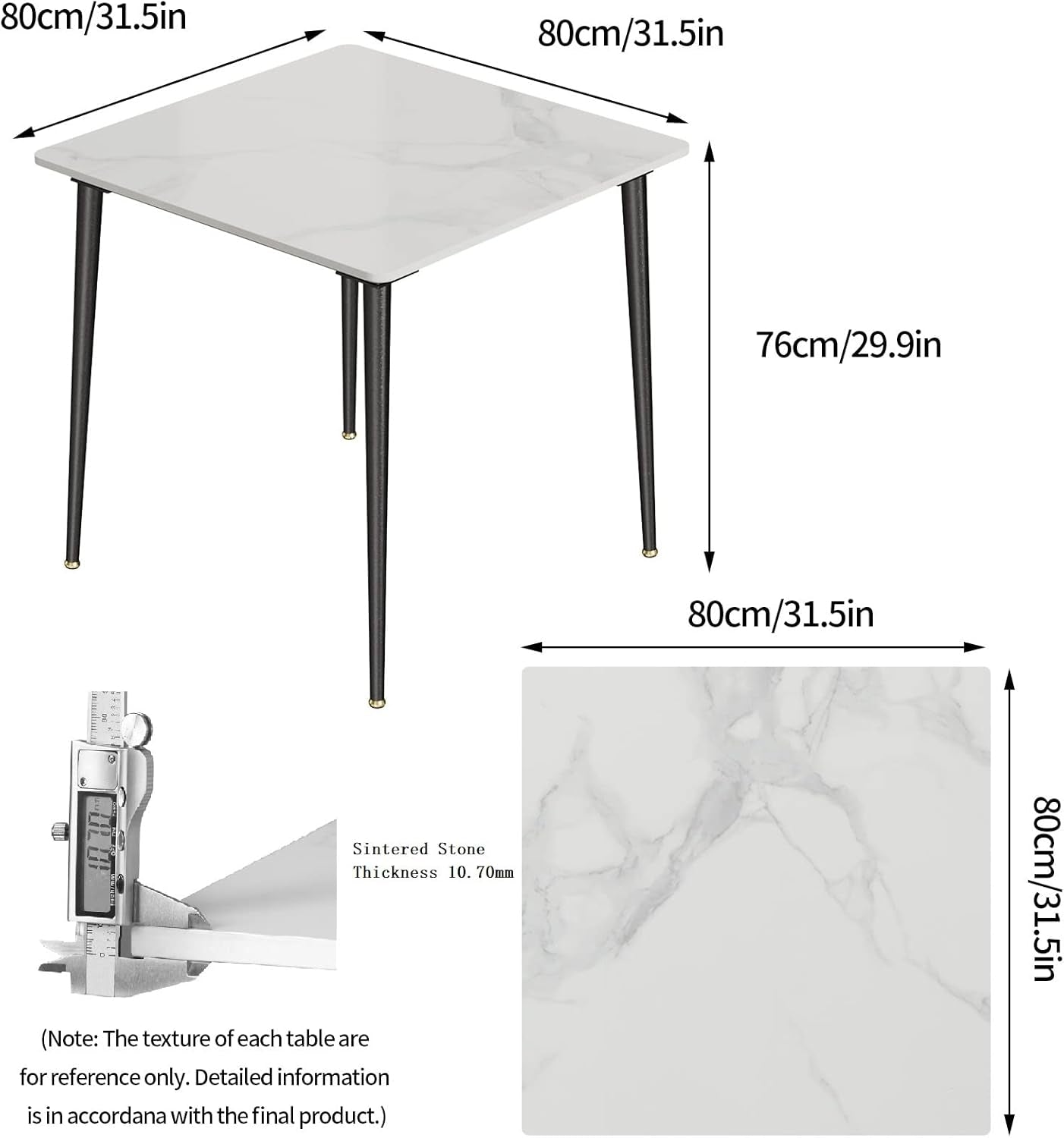 32 Inch Sintered Stone Dining Table With Black Legs