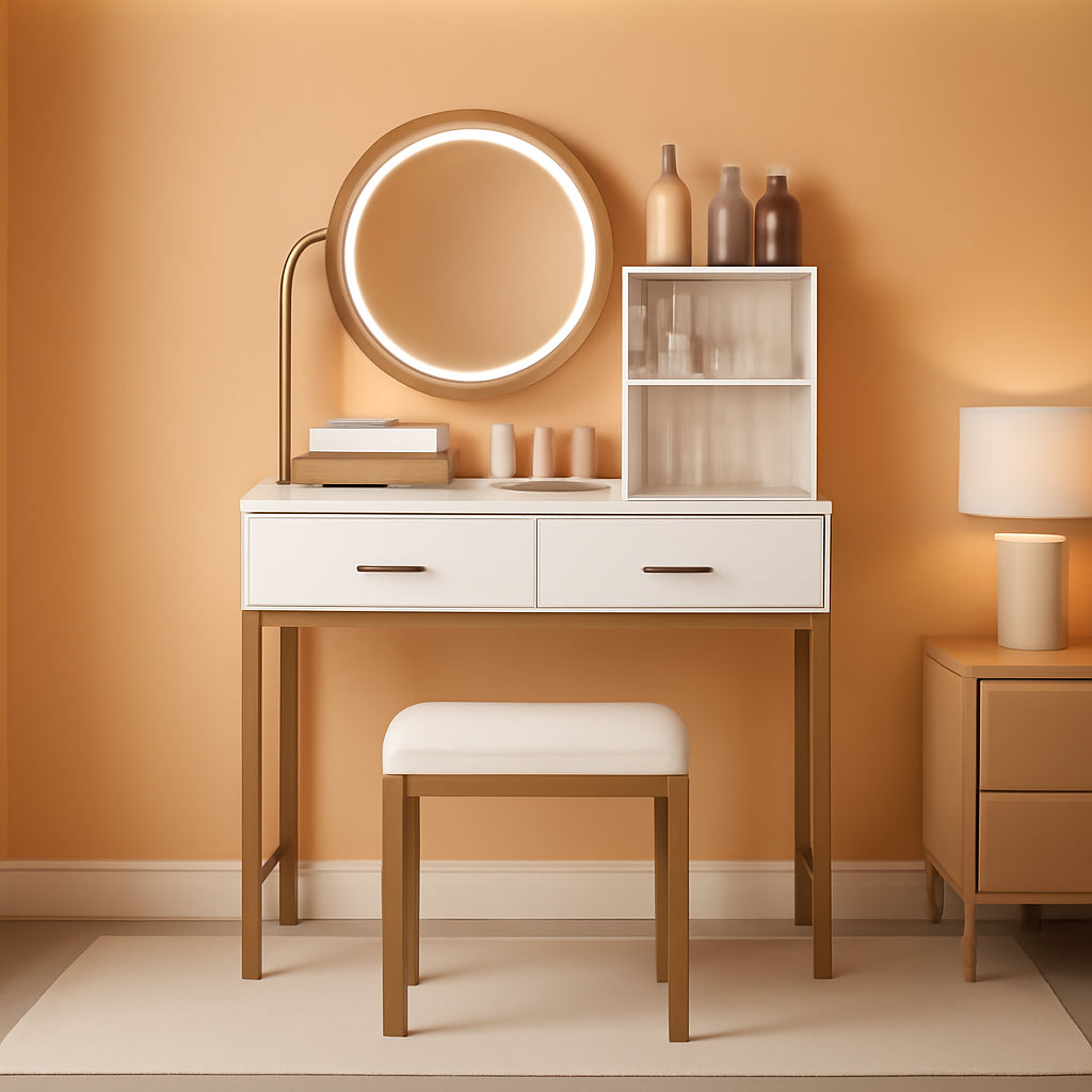 White Round LED Makeup Vanity Mirror With Charging Station 31.5 Inch