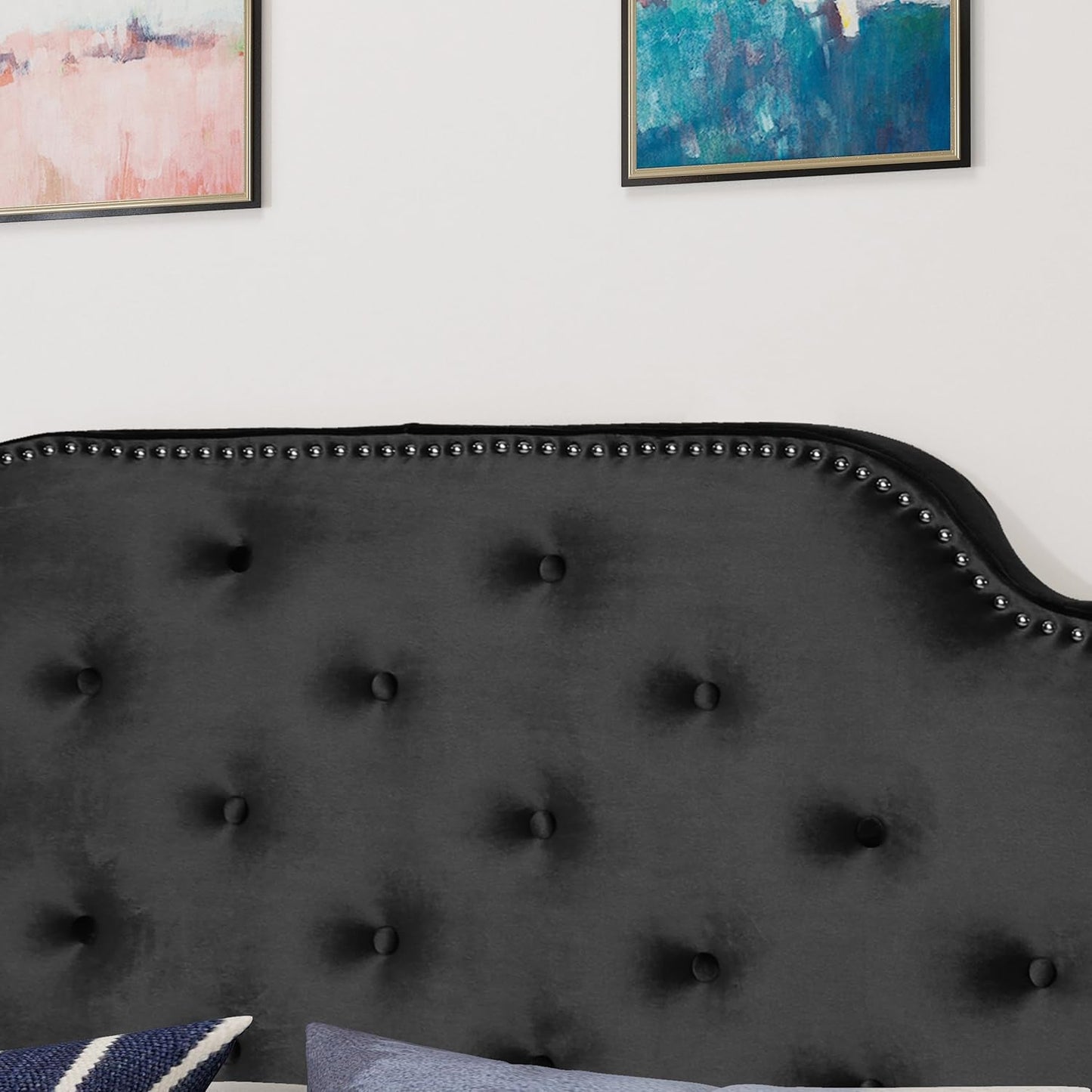 Contemporary Black Velvet Headboard with Button Tufted Design