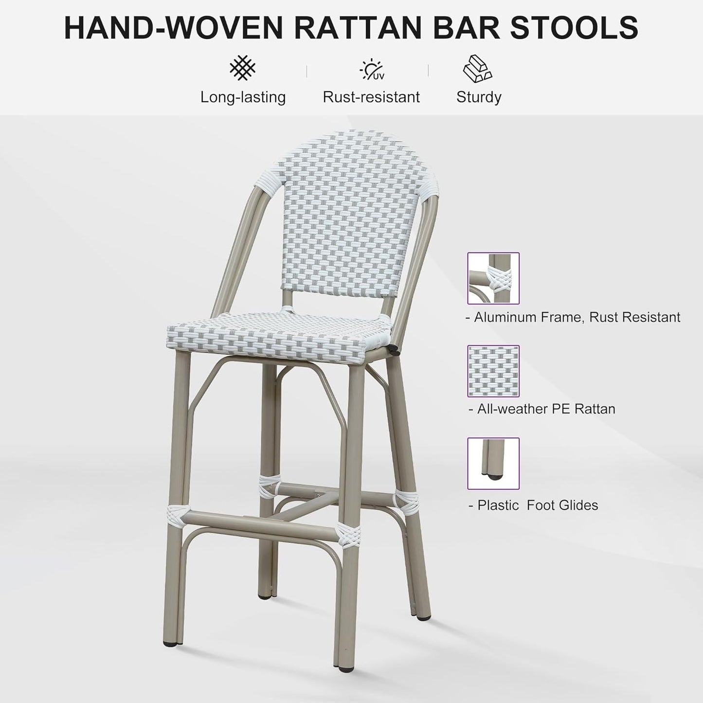 French Style Outdoor Bar Stools Set Of 2 27 Inch White And Grey