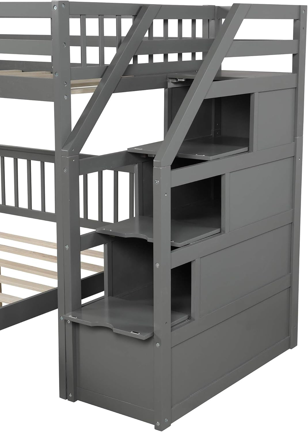 Gray Twin Over Full Bunk Bed With Storage Stairs Solid Wood
