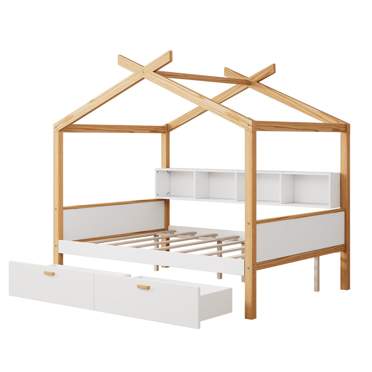 White Full Size Wooden House Bed