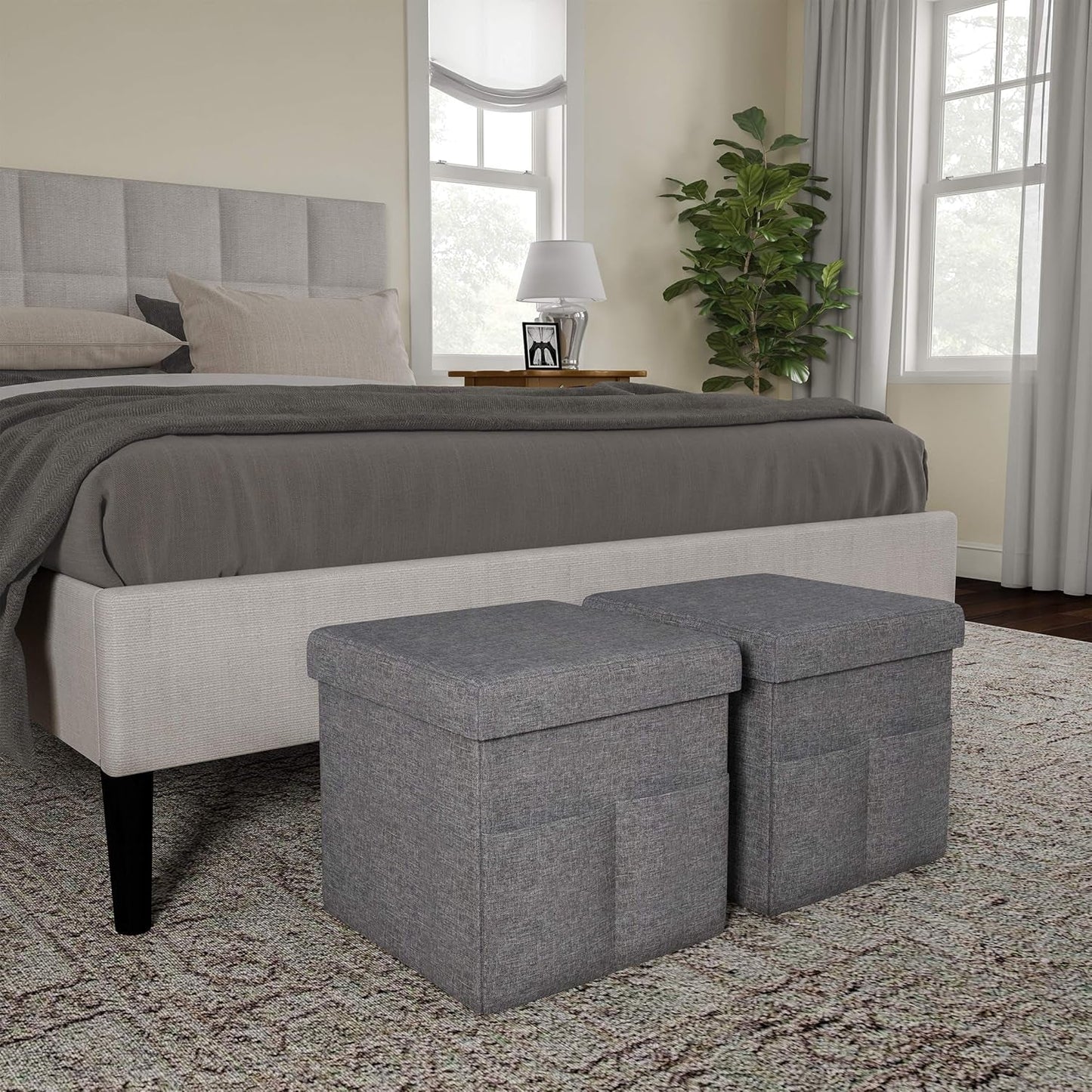 Gray 15 Inch Collapsible Storage Ottomans Compartments