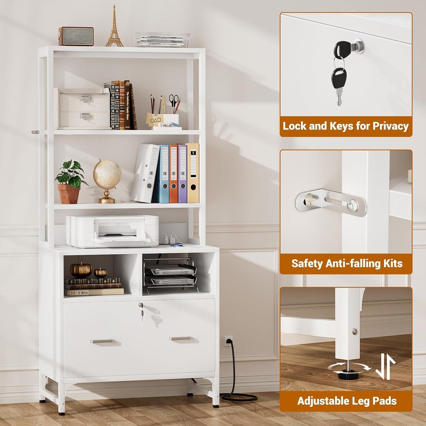 White Printer Stand With Locking File Cabinet And Charging Station