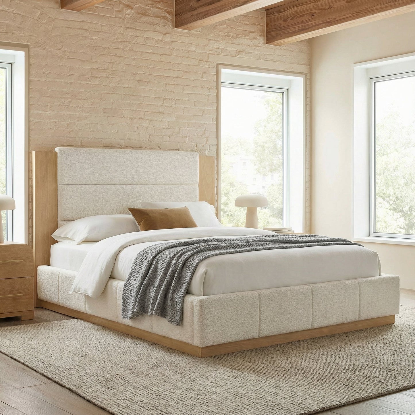 Upholstered Platform Bed Frame With Extended Wood Headboard