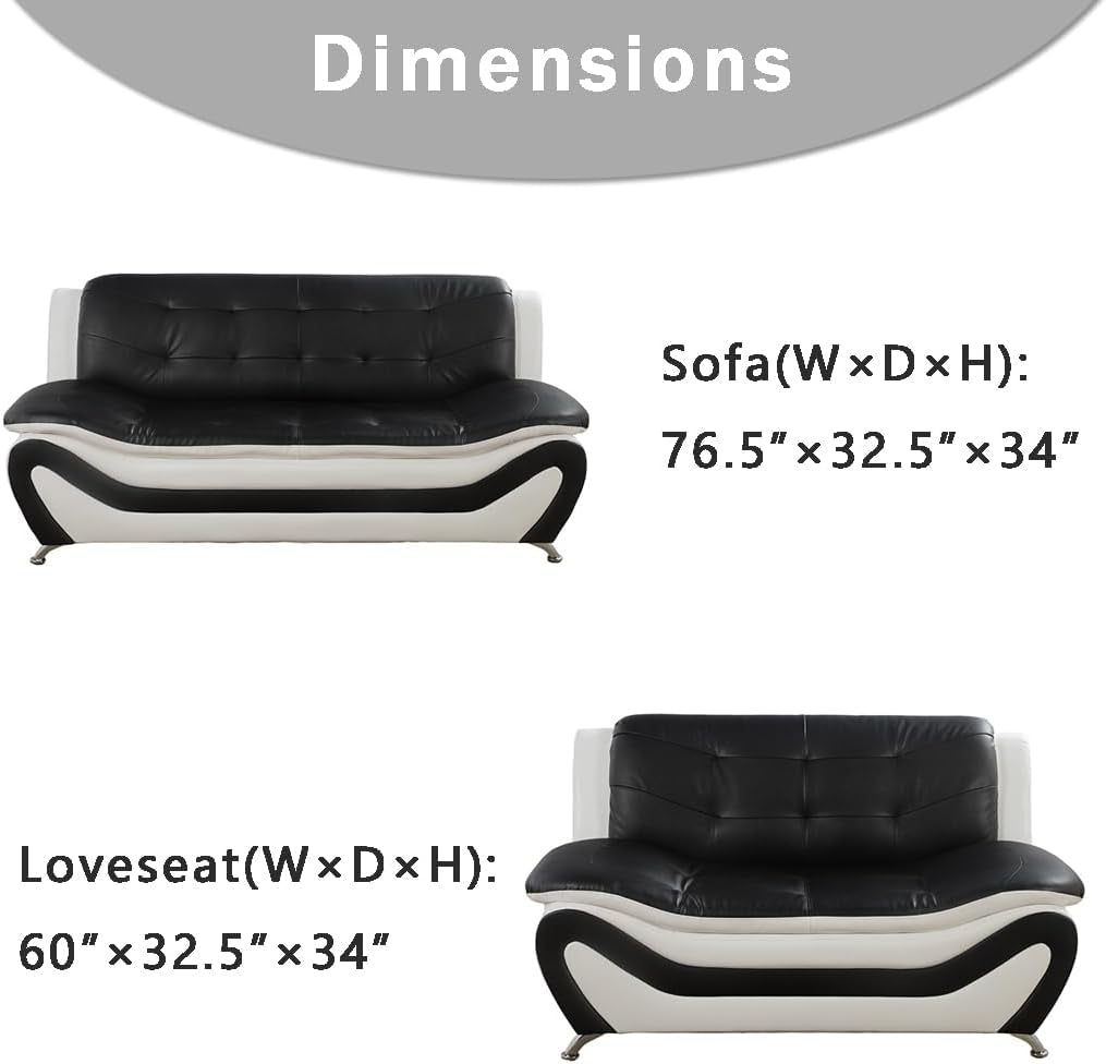 Leather Sofa Set With Loveseat For Living Room Black White