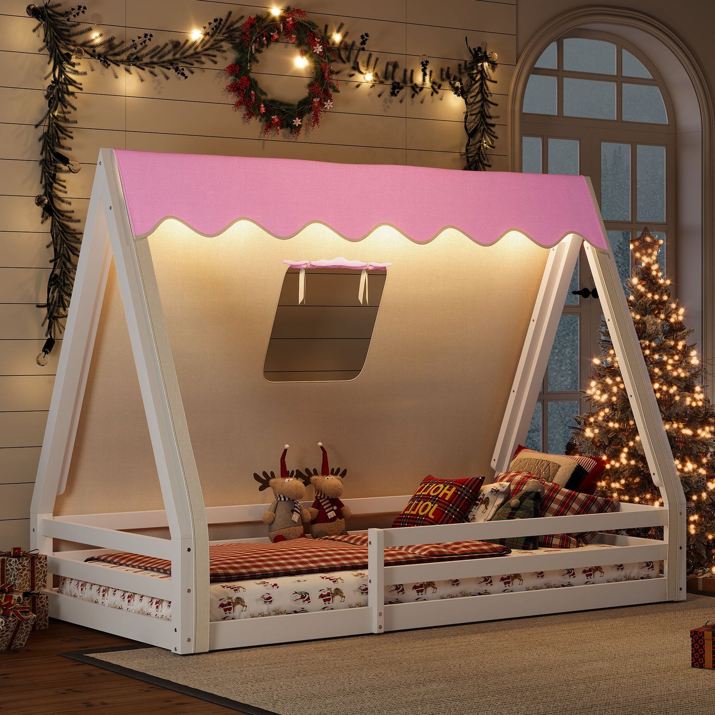 Twin Size House Floor Bed with Tent and Light