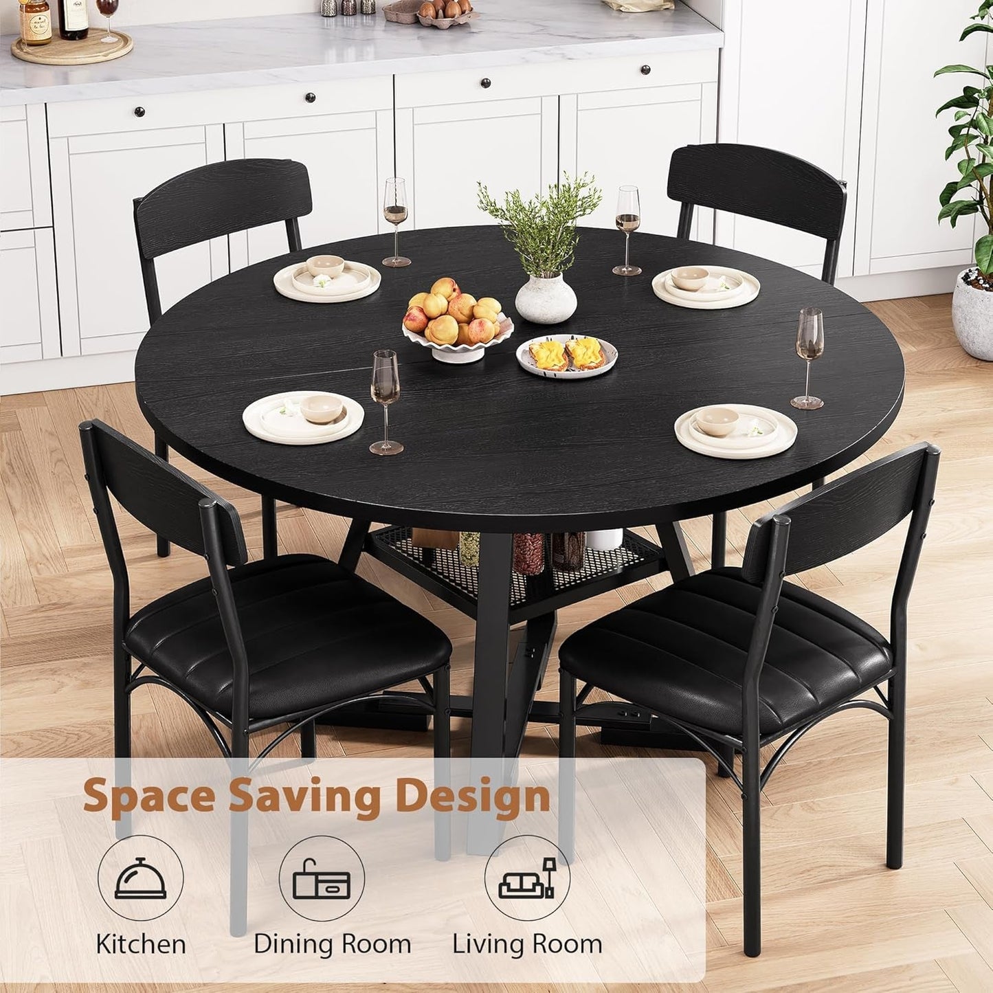 Round Circular Dining Table Set Black Diameter47Inches